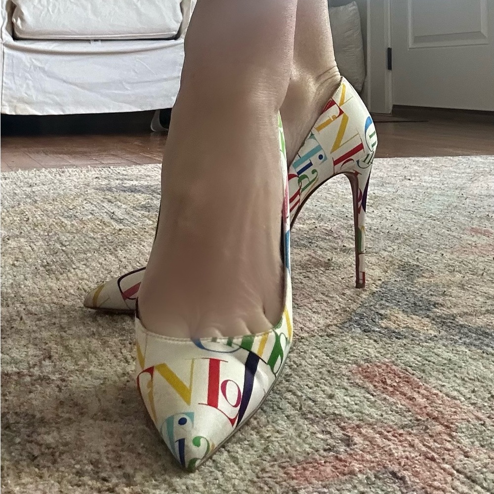 Christian Louboutin Multicolor Logo Print Pointed Toe Pumps on White - Picture 7 of 7